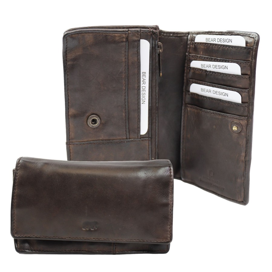 Bear Design Middelmaat Portemonnees | Overslag Portemonnee 'Emma' Cl 782 Rfid Donkerbruin