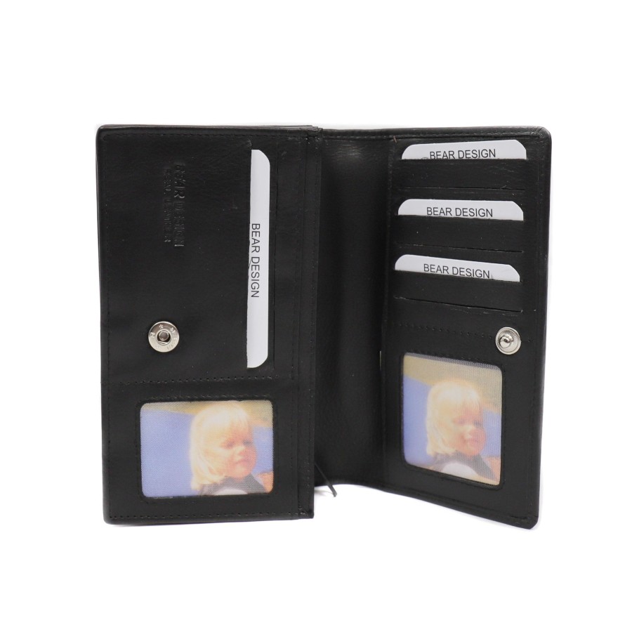 Bear Design Middelmaat Portemonnees | Basic Overslag Portemonnee 'Emma' Zwart Zwart (Fr)