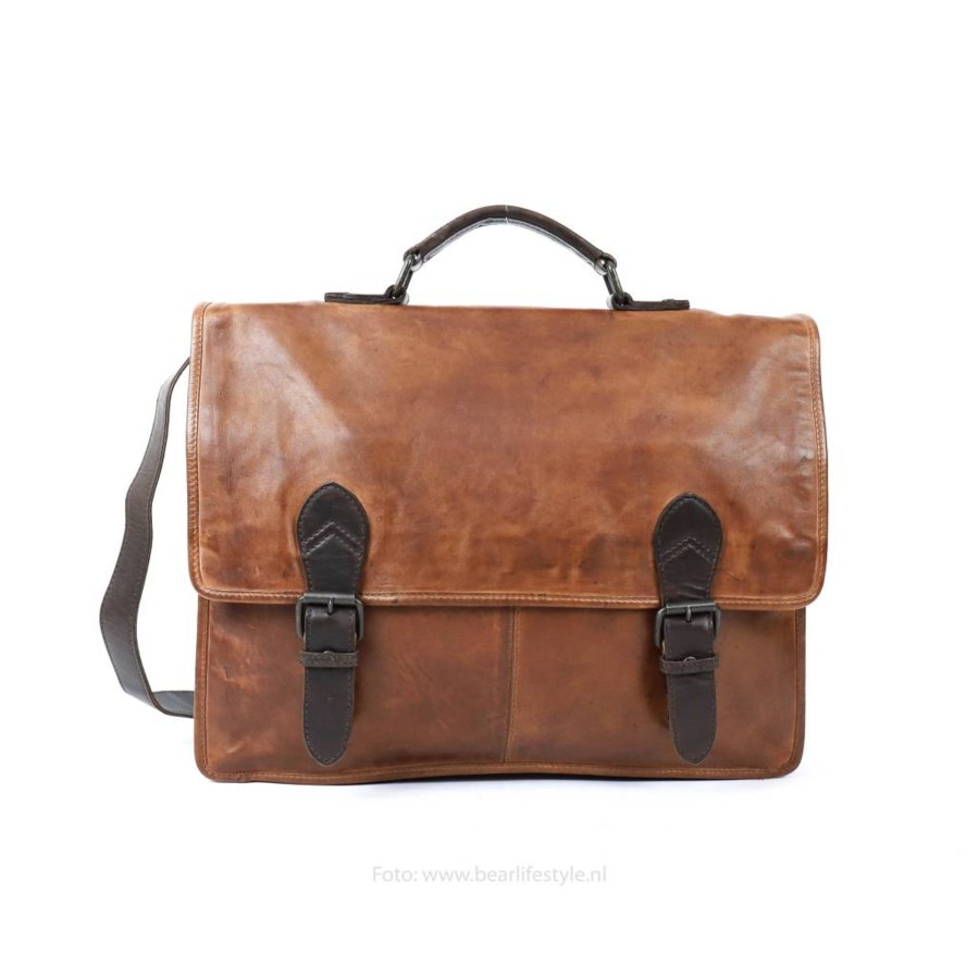Bear Design Laptoptassen T/M 15,6 Inch | Aktetas 'Guus' Cognac & Donkerbruin Cognac/Donkerbruin